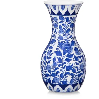 Blaue und Weiße Blumenvase, 27CM Keramikvase mit Breiter Öffnung und Blumenmuster, Große Retro Chinoiserie Vase Deko, Vintage Vase für Blumen Tisch Centerpiece Wohnzimmer Bücherregal Dekoration