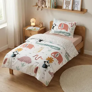 Little Animals Babybettwäsche 100x135 + Kissenbezug 40x60 Elefant AFFE | Baby-Bettwäsche | Baumwolle Oeko-Tex | Krokodil Dschungel | Jungen & Mädchen 0-3 | Kinderbett | Maschinenwaschbar