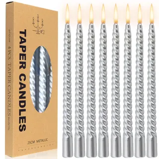 8 Stück Stabkerzen gedreht,25 x 2 cm, farbige Kegelkerze, duftneutral und rauchfrei, geeignet für Anlässe wie Geburtstage, Hochzeiten und Partys (Silber).