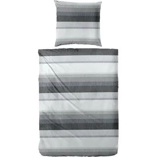 Primera Biber-Bettwäsche Gestreift Grau Baumwolle 135 x 200 cm + 80 x 80 cm
