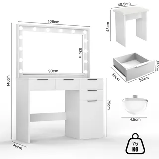 Schminktisch / Frisiertisch - Modell W1050 - LED-Beleuchtung - 4 Schubladen - Spiegel - Hocker inklusive - Tischplatte aus gehärtetem Glas - Minimalistisches Design - Weiß