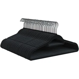 PORTENTUM Kleiderbügel aus Samt, 50 Stück, Schwarz - rutschfest mit 360o drehbarem Haken, Einkerbungen und Zubehörhalter, Platzsparend 0,6 cm Dicke, Made in Spain