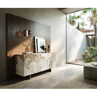 DELIFE Sideboard Cuor 150 cm Keramik Minas Melange Weiß-Beige 3 Türen Fuß Schwebeoptik Edelstahl - Weiß, Beige