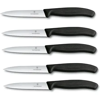 Victorinox 5-tlg Gemüsemesser Set Swiss Classic Schwarz – 10 cm mit Wellenschliff – Tomatenmesser