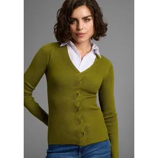 V-Ausschnitt-Pullover LAURA SCOTT, Damen, Gr. 34, grün (grün mélange), Feinstrick, Obermaterial: 70% Viskose, 30% Polyamid, unifarben, figurbetont hüftlang, V-Ausschnitt, Pullover V-Ausschnitt-Pullover, Feinstrickpullover mit spannendem Zopfmuster
