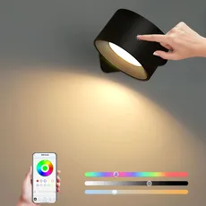 Lightsjoy LED Wandlampe Innen mit Akku Kabellos Schwarz Wandleuchte Dimmbar,App und Touch Control 360° Drehbar Wandlicht RGB 3 Farbtemperaturen für Wohnzimmer,Schlafzimmer,Flur und Treppenhaus