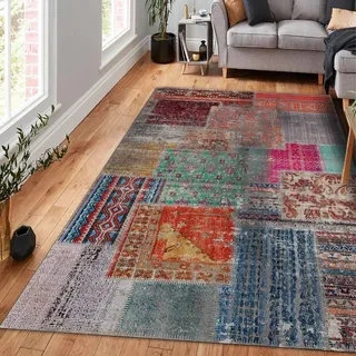 bamyum Denise Teppich Chenille-Druck Maschinell Hergestellt 80 x 300 cm, Waschbarer Patchwork Teppich, Vintage Schlafzimmer, Antibakteriell Antirutschunterlage Küchenteppich