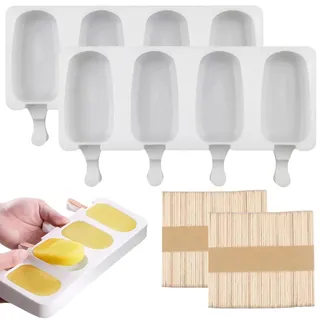 2 Stück Eisformen Silikon,Eis am Stiel Formen,Silikon-Eisformen, 100 Stück Eisstiele aus Holz,Silikons-Eisformens mit Stielen,Popsicle Molds Set,Geeignet für DIY-Popsicles,Desserts,Pralinen