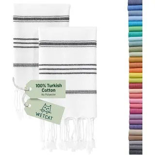 WETCAT Türkische Handtücher mit Aufhängeschlaufe (20x30),2er Set, 100% Baumwolle, weich,Vorgewaschene Boho Bauernhaus Küchentücher,Einzigartige dekorative Handtücher für Badezimmer (Schwarz & Weiß)