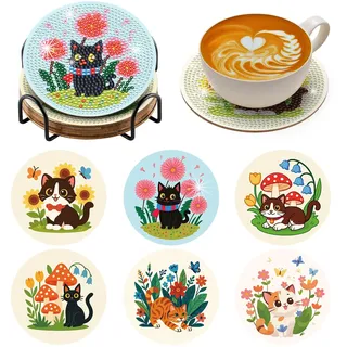 BNG Diamond Painting Untersetzer Katze Mit Halter, 6 Stück DIY Bastel Untersetzer für Erwachsene, Kunstmalerei Sets für Frauen, Anfänger, Diamant Bastelzubehör