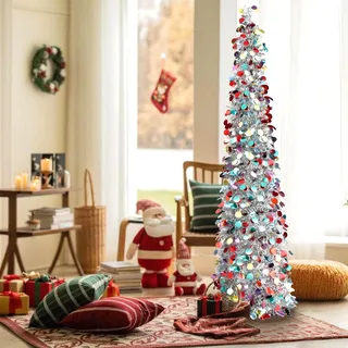 150 cm Pop-Up Frühlings-Dekobaum Silber – Faltbarer Künstlicher Baum mit Pailletten, Moderne Wohnraumdekoration für Kleine Räume, Wohnung & Büro, Schnell Aufgebaut