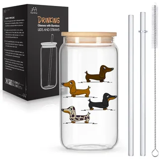 Joymaking Trinkglas mit Deckel und Strohhalmen für Eiskaffee Cocktails Fruchtlikör Eistee Soda 17oz, Longdrinkgläser Dackel, Dackel Geschenke, Eulenschnitt Glas