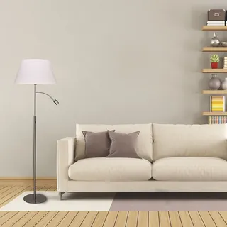 Melitec LED Stehleuchte T-Lounge ST53 in Nickel-Matt mit Weißem Stoffschirm – Inklusive Filament Leuchtmittel und Separat Schaltbarem Leselicht