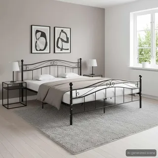vidaXL Bett mit Lattenrost Metallbett Bettgestell Doppelbett Schlafzimmerbett Ehebett Bettrahmen Schlafzimmermöbel Schwarz Metall 160x200cm