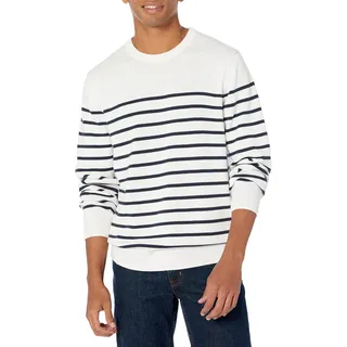 Amazon Essentials Herren Langärmliger Pullover Mit Rundhalsausschnitt, 100% Baumwolle, Erhältlich In Groß Und Schwer, Marineblau Weiß Platzierter Streifen, S
