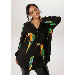 Longbluse ANISTON PLUS, Damen, Gr. 48, schwarz, bunt, Web, Obermaterial: 100% Viskose, bedruckt, figurumspielend Po-bedeckend, V-Ausschnitt, Blusen Longbluse, Mit ausgefallenen Papgeien Druck, Topseller