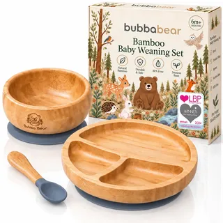 Bubba Bear Kindergeschirr-Set | Kinderteller mit Saugnapf | Geschirrset für Kleinkinder | Unterteilter Babyteller | Bambus Babygeschirr mit Löffel fürs Essen und Füttern | Baby Teller