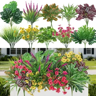 Dremisland 20 Bündel Künstliche Blumen wie Echt Wetterfest Monstera Kunstpflanzen Outdoor Balkonpflanzen Gefälschte Pflanzen Boston Farn UV-Beständig Künstliche Stängel Grün Dekogras für Garten Weg