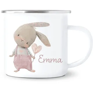 Hase Emaille Tasse Kinder personalisiert mit Namen als Geburtstagsgeschenk | Personalisiert, hochwertige Emaille, 300 ml, Kinderbecher mit Hase, Trinkbecher mit Namen