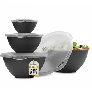 Hausfelder Salatschüssel Set groß mit Deckel 4er Set, 0,7L/1,9L/3,6L/6L, Schüsselset aus Kunststoff stapelbar, BPA-frei in Anthrazit Schwarz für Camping und Küche