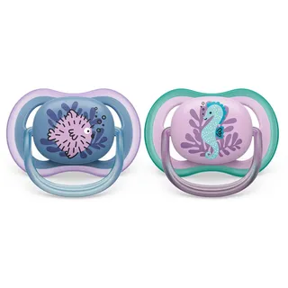 Philips AVENT ultra air Schnuller - 2er Pack, BPA-freier, atmungsaktiver Schnuller für Babys von 6-18 Monaten, inklusive Transport- und Sterilisationsbox, Seepferdchen/Kugelfisch (Modell SCF085/61)