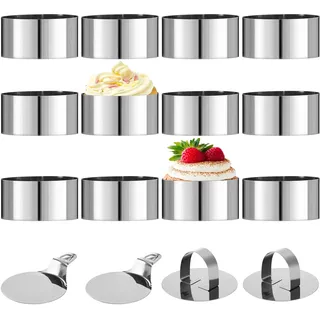 HAOYULUO 12 Stück Dessertringe und Speiseringe,Edelstahl Servierringe 8cm, Ausgestattet mit 2 Grundplatten und 2 Deckeln, Geeignet für die Herstellung von Keksen, Donuts und Kuchenbackformen