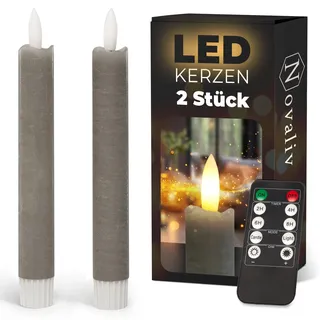 Novaliv Stabkerzen LED mit Timer TAUPE GRAU 2er indoor mit Timer Funktion 6 Stunden ECHTWACHS 18cm Höhe für Kerzen 2,2cm Durchmesser 2 AAA Batterien LED Stabkerzen flackernde Flamme bewegliche Flamme