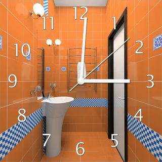 Wallario Design Wanduhr Modernes Badezimmer in orange mit blauen Fliesen aus Echtglas, Größe 30 x 30 cm - Braun