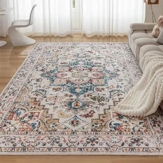 CHOSHOME Waschbarer Teppich Wohnzimmer 160x230CM Vintage Kurzflor Groß Orientalischer Beige Teppiche für Schlafzimmer rutschfest Kunstwolle Boho In & Outdoor Carpet