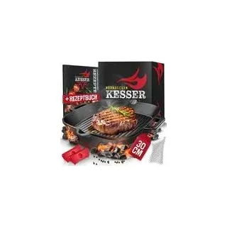 KESSER® Gusseisenpfanne | Gusseisen Grillpfanne Induktion für Grill & Backofen voreingebrannt | Inkl. Schutzgriffe, Rezeptbuch und Ringreiniger - 30 cm