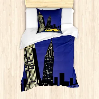 ABAKUHAUS Stadt Mantele, Taxi in New York amerikanisch, Milbensicher Allergiker geeignet mit Kissenbezügen, 135 cm x 200 cm - 80 x 80 cm, Violett Blau Gelb Schwarz - Blau