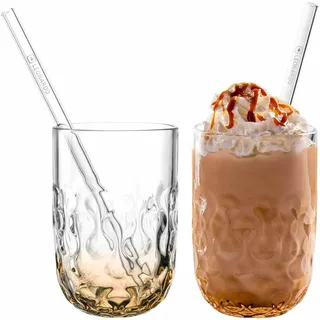 Latte-Macchiato-Glas LEONARDO "Caramel Macchiato Gläser mit Glastrinkhalm (2) Gocce 390 ml 2er Set apricot", orange (apricot), B:7,9cm H:11,9cm Ø:7,9cm, Glas, Trinkgefäße, Latte-Macchiato-Glas, Spülmaschinengeeignet, Temperaturbeständig bis max. 100C