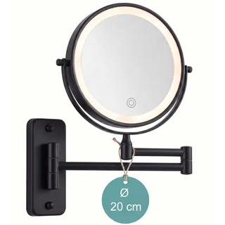 Relaxdays Kosmetikspiegel Wand, mit LED-Beleuchtung, 10-fach, 360° drehbar, Ø 20 cm, Metall, Akku, USB, schwarz - Schwarz
