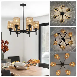 Hängelampe Rattan Boho, 6-Flammige Pendelleuchte Esstisch Schwarz Ø 63cm Rustikale Kronleuchter Vintage Höhenverstellbar Landhaus Retro E27 Groß Hängeleuchte Wohnzimmer für Esszimmer Schlafzimmer