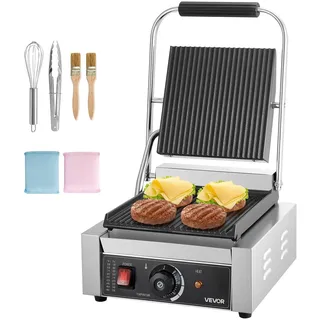 VEVOR kommerzieller Panini-Grill Kontaktgrill 1800 W für Sandwiches Steak Bacon Hamburger, Sandwichmaker Pressgrill aus Edelstahl mit Griff & Temperaturregelung & 22 x 23 cm Heizplatte, Paninipresse