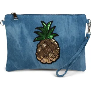 styleBREAKER Damen Clutch Jeans Pailletten Ananas 28.5x20cm, Blau