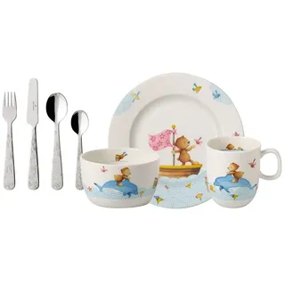 Villeroy & Boch - Happy as a Bear Set mit Kinderbesteck und Kindergeschirr 7 teilig Bunt, Spülmaschinenfest, Mikrowellensicher, Kinderteller, Besteckset Kinder, Premium Porzellan, Edelstahl