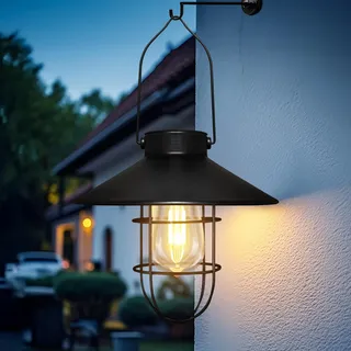 pearlstar Solarlaterne für Außen Hängend Vintage Metall Solarleuchten Gartenleuchte mit Warmen LED-Lampen für Outdoor Garten Hof Terrasse Baumdekoration, Solar Landschaftsbeleuchtung (Schwarz)