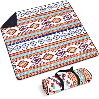 Siegvoll Picknickdecke 200x200cm XXL, wasserdichte sandfreie Stranddecke, 3-lagig gepolsterte isolierte Campingdecke, Strandmatte für Outdoor, Boho-Stil, waschbar faltbar