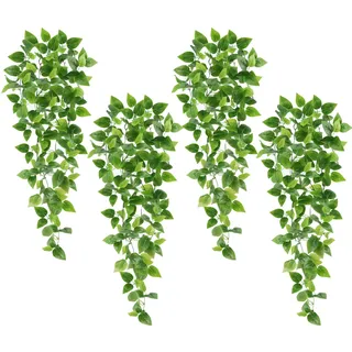 Whonline Künstliche Hängepflanzen, Kunstpothos mit je 162 Blättern, künstliche Efeu-Ranke für Schlafzimmer, Wand, Veranda, Garten, Heimdekoration (kein Korb), 4 Stück