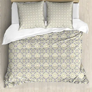 ABAKUHAUS Ethnisch Bettbezug, Azulejos Entwurf, Milbensicher Allergiker geeignet mit Kissenbezügen, 155 cm x 220 cm - 80 x 80 cm, Taupe Beige - Beige