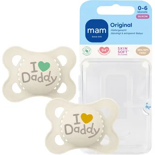 MAM Original Schnuller, 0-6 Monate, Daddy/Beige, 2 Stück | Leuchtet im Dunkeln, Stillfreundlich, Zahnfreundliches Design, SkinSoft Silikon, Inkl. Sterilisierbox