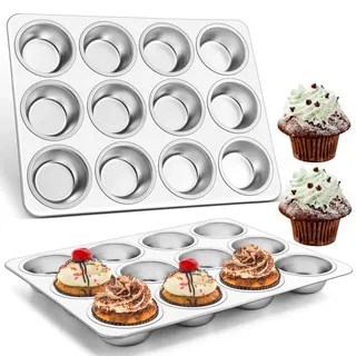 HaWare Muffinform 2er Set, Edelstahl Muffinblech für 12 Muffins, 35 x 26,5 cm Muffin Backform, Muffinbackformen für Cupcakes Brownies Kuchen Pudding, Ungiftig & Gesund, Spülmaschinenfest