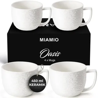 MIAMIO - Kaffeetassen Set, Keramik Tassen 4er Set (4×450ml) - Oasis (Weiß) | Große Keramik Kaffeebecher für Cappuccino, Tee und Latte Macchiato für Alltag und Kaffeetafel, 4er-Set - spülmaschinenfest