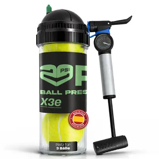 TUBOPLUS 29PSI X3e mit Pumpe – Druckminderer für Tennis- und Paddelbälle | Kapazität für 4 Bälle | Luftdichte Dose, inkl. Aufpumpgerät mit Manometer (Schwarz/Grün)