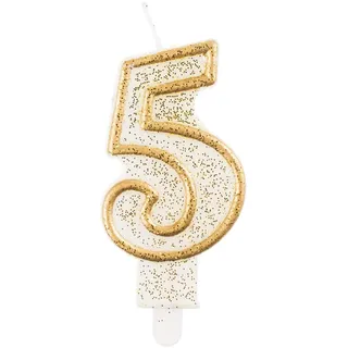 GoDan Beauty&Charm Geburtstagskerze Zahl 5 Größe 6,5 cm, Wachskerze in Weiß mit Golden Umriss und Glitzer, Zahlenkerze zur Dekoration von Geburtstagskuchen, Geburtstagstorte, Geburtstagszug