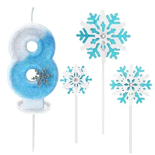 Glitzernde Zahlenkerze 8 mit Schneeflocken-Deko –Geburtstagskerze für Mädchen, Kerze 8 Geburtstag Kinder, Kerzen für Kuchen, Blau-weißer 3D-Glitzer & Tropfschutz