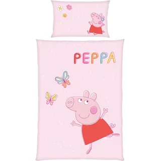 Peppa Wutz Kinder-Bettwäsche-Set | 100x135 cm Deckenbezug + 40x60 cm Kissenbezug | Atmungsaktive Baumwolle | Mit Reißverschluss | Peppa Pig Schmetterling in Rosa | Geschenkidee Mädchen