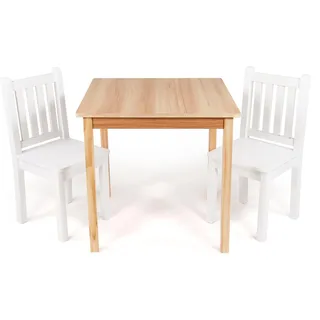 Humble Crew Kindertisch Set aus Holz mit 2 Stühlen, rechteckiger Spieltisch für Kinderzimmer, robuste Kinder Möbel in Naturholz und Weiß zum Spielen