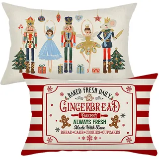 ILMFMY Weihnachten Kissenbezüge 30x50 2er Set – Leinen Kissenhüllen mit Nussknacker & Lebkuchen Motiv, Vintage Weihnachtskissen für Sofa & Wohnzimmer, pflegeleicht, atmungsaktiv & festliche Winterdeko